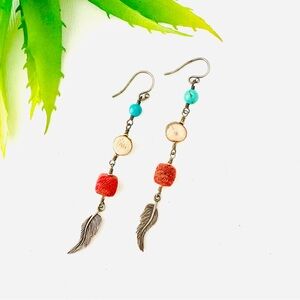 Wasabi Sponge Coral Turquoise Birch Feather Earrings